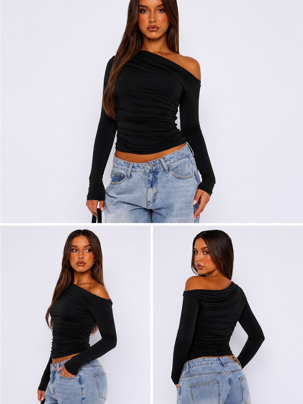 White Fox Boutique Black Ruched Long-Sleeve Top